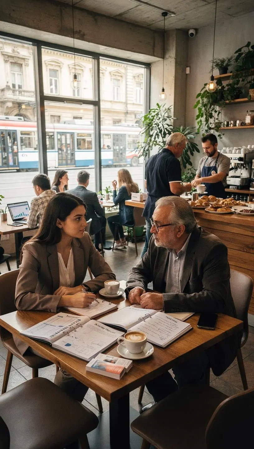 Masa de vânzare cu o selecție de cărți și planificatoare financiare expuse la un eveniment local.