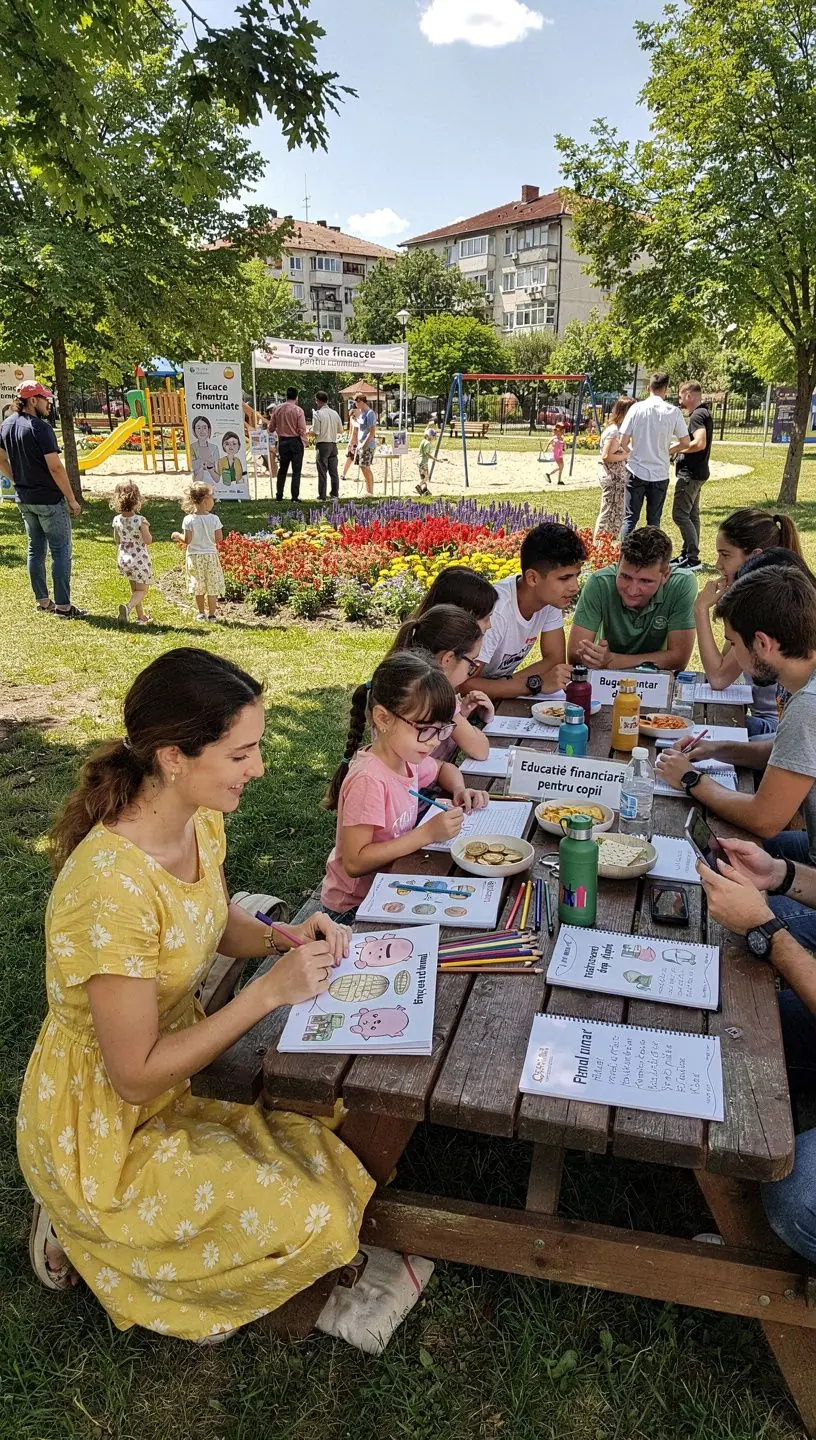 Imagine cu mâini ținând o carte despre investiții personale, cu fundalul unei comunități active.