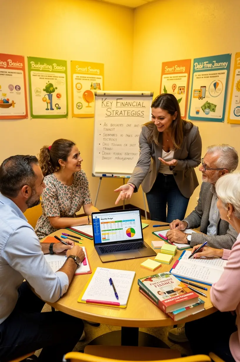 Tabel cu grafice financiare pe un ecran, utilizat în timpul unei sesiuni educaționale despre bugetare.