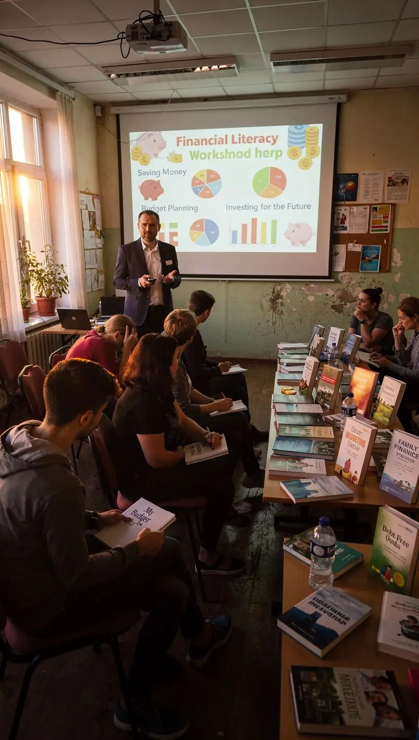 Grup de persoane participând la o întâlnire comunitară despre finanțe personale în sala de conferințe.